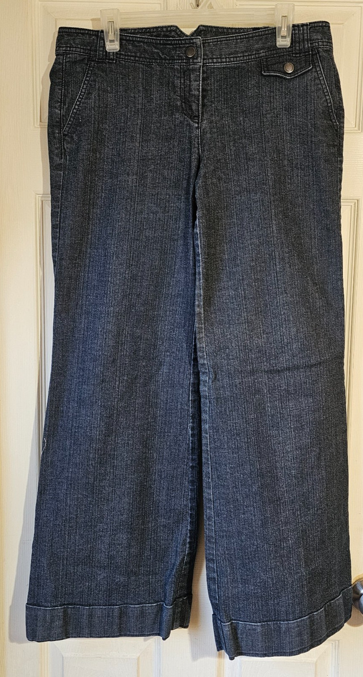 Ann Taylor LOFT Women's Wide Leg Trouser Jeans Size 10 Dark Wash Cuffed Denim